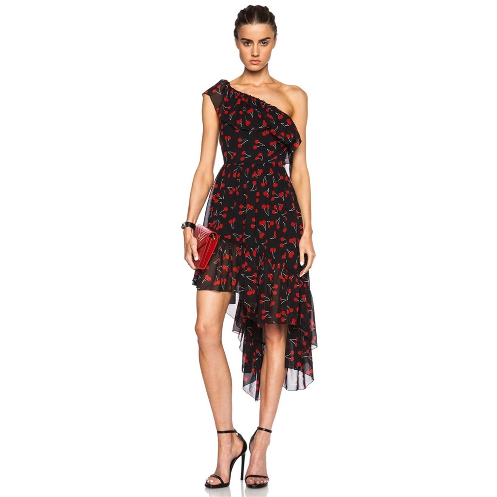 SAINT LAURENT Cherry Georgette One Shoulder Ruffle Blouse FR36